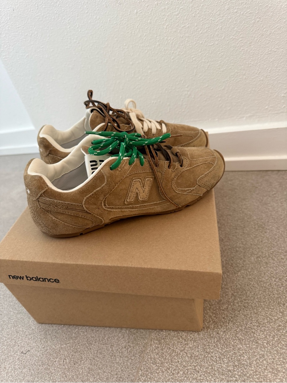 Miu Miu Tan Suede Sneakers with Green Accent Laces